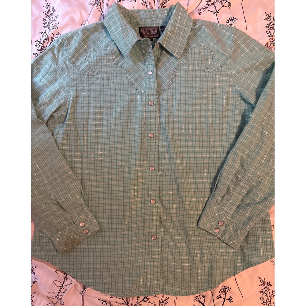 Roughrider by Circle T Mint Plaid Rhinestone Bling Western Rodeo Longsleeve, L‎